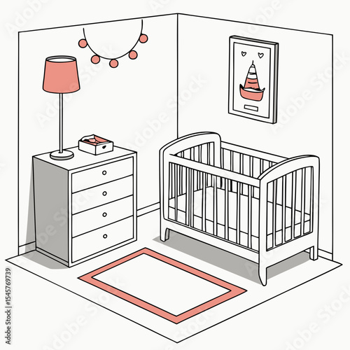 Baby room with poster, unisex white cot, lamp, chest. Nursery in Japandi or Scandinavian Style. Vector Interior background