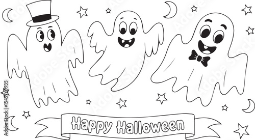 Three cute halloween ghosts silhouette isolated on white background