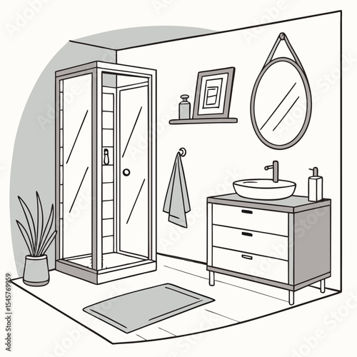 Shower room or bathroom interior design flat vector illustration. Shower cabin, bathroom cabinet, sink, mirror, bathroom furniture and accessories. Japandi or Scandinavian interior style