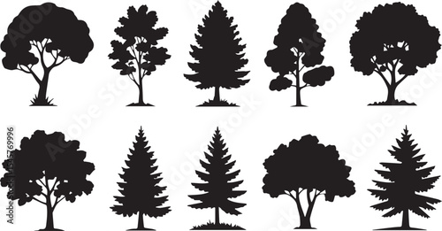 Ten tree silhouettes isolated on white background