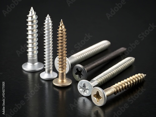 Assortment of various screws showing different sizes heads and materials on black surface