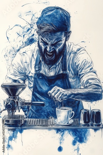Barista skillfully prepares coffee while expressing passion and intensity in a vibrant blue color palette in a cozy cafe setting