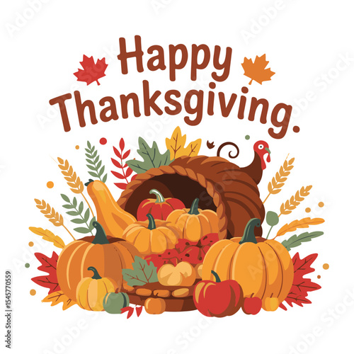 Happy Thanksgiving Cornucopia with Autumn Harvest and Turkey Illustration

