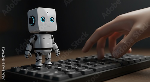 Cute robot companion standing beside human hand typing on computer keyboard