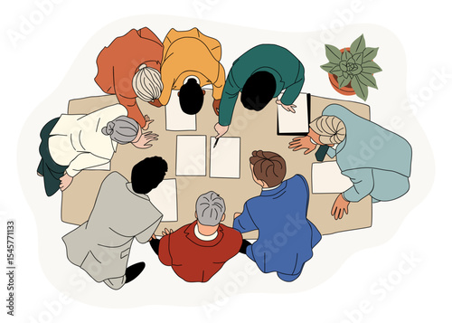 Business meeting top view illustration. Business scene of different men and women working together overhead view. Modern vector colored outline drawing Isolated on transparent background