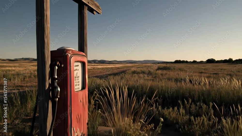 petrol pumps video - Vintage fuel station sign in a rural landscape at sunset, with a dirt road leading into the distance and mountains visible in the background