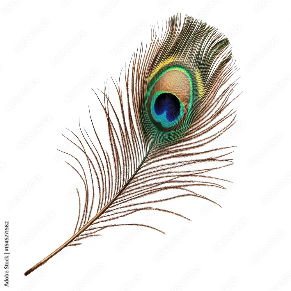 Fototapeta premium Peacock feather isolated on black background vibrant colors eye detail isolated on a transparent background