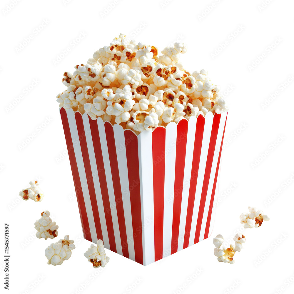 Buttery popcorn in a red and white striped box Movie night snack isolated on a transparent background Buttery popcorn in a red and white striped box Movie night snack isolated on a transparent background
