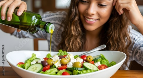 Young woman pouring olive oil onto fresh greek salad in white bowl. Healthy food and nutrition concept for a balanced diet.