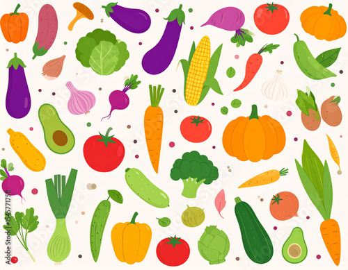 Colorful Vegetable Illustration Pattern on White Background
