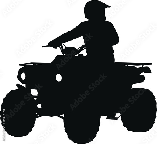 Silhouette of person riding ATV four wheeler, extreme off-road sport vehicle, outdoor adventure, black and white vector illustration for motorsport, freedom, rugged terrain