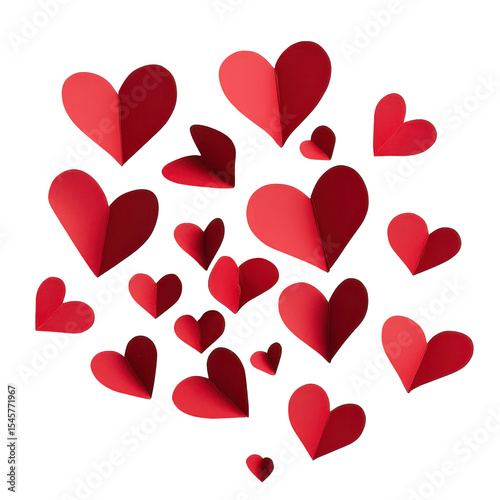 Red paper hearts falling on black background Valentine's Day love romance isolated on a transparent background
