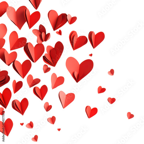 Red paper hearts falling on black background Valentine's Day love romance isolated on a transparent background
