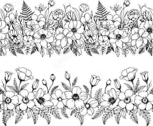 Elegant black and white floral borders with flowers and ferns