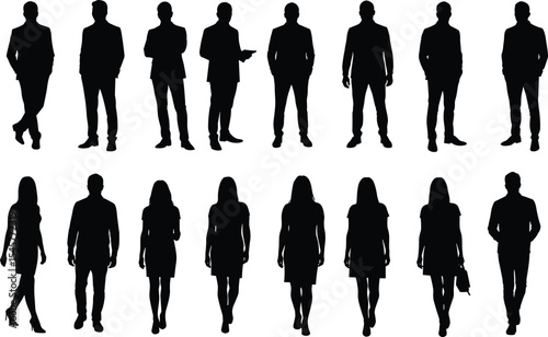 Silhouettes of business people, male and female, standing and walking, full body vector set, professional office characters, isolated figures, team concept illustration