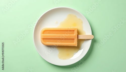Colorful Orange Popsicle on White Plate with Melting Juice on Light Green Background