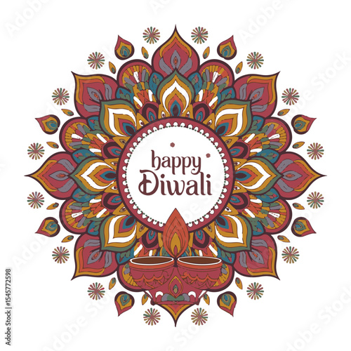 Happy Diwali Intricate Mandala with Diya Lamp Illustration

