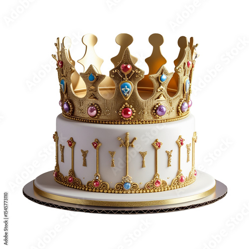A two tiered cake with white frosting and a golden crown on top with colorful gems and decorations