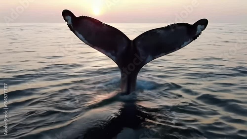Whale tail breaching calm water at sunset