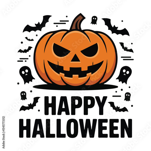 Spooky Jack-o'-lantern with Bats and Spiderwebs for Happy Halloween

