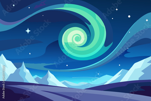 Mystical Aurora Borealis A Spiral of Celestial Light over Snowy Mountains