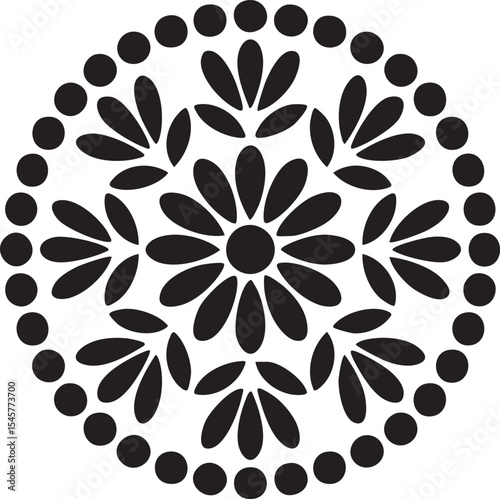 Black and white circular floral pattern design element
