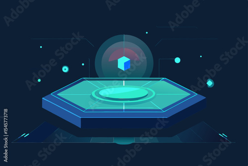 Futuristic Hexagonal Platform with Holographic Cube A Sci-Fi Technology Illustration