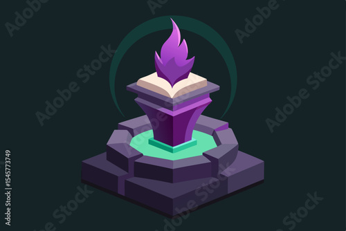 Mystical Book of Knowledge Flaming Tome on Stone Pedestal