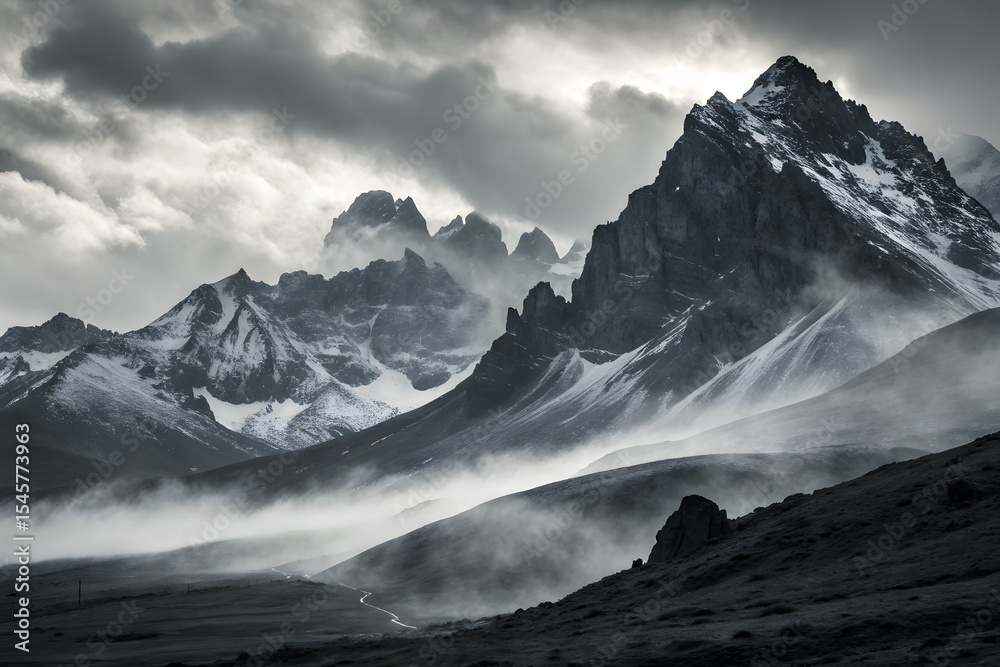 Obraz premium Foggy mountain landscape in black and white