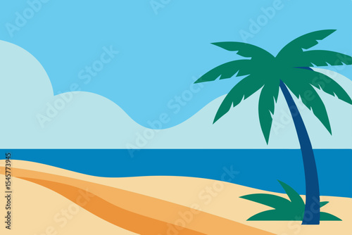 Serene Tropical Beach Scene Palm Tree, Ocean, and Sandy Shore Illustration