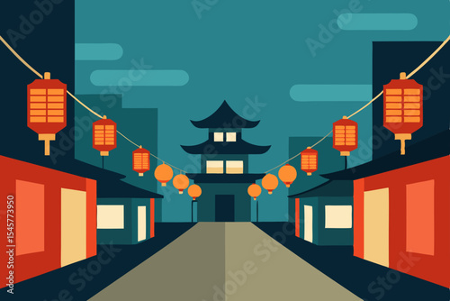 Vibrant Night Scene Asian Street with Lanterns and Pagoda
