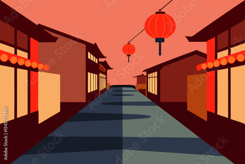 Evening Stroll Through a Charming Asian Street, Illuminated by Lanterns