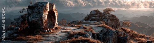 Ancient stone circle ruins atop a hill, panoramic views stretching beyond, minimalist design, serene atmosphere, inviting exploration and reflection in open space.