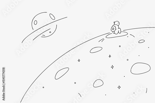 Astronaut on a planet, minimalist line art, gray, for space exploration education
