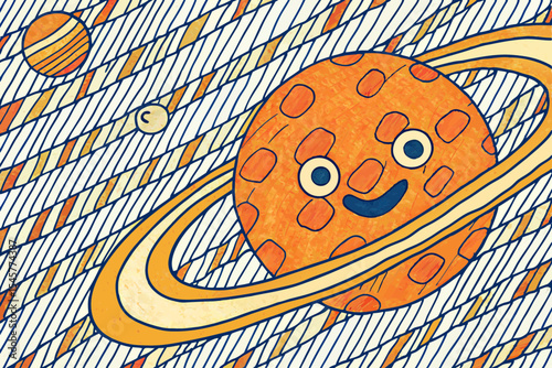 Happy planet illustration with rings, for space exploration, education, with copy space