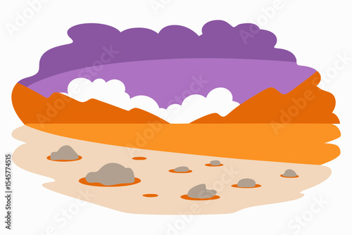 Desert landscape illustration, orange and purple tones, for space exploration educational materials