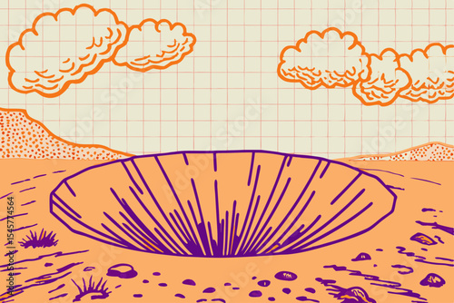 Impact crater illustration, orange and purple tones, for science education