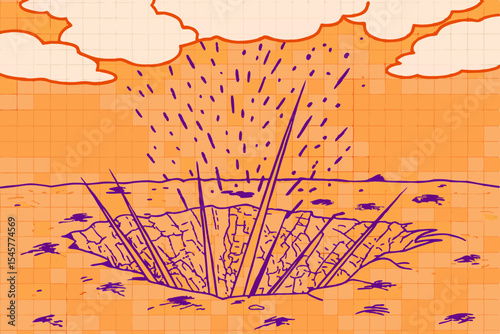 Asteroid impact illustration, orange and purple, for science education