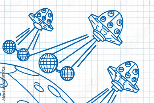 Spacecraft exploring celestial bodies, blueprint style, in blue tones, for science education
