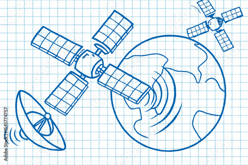 Satellite orbiting Earth, simple line drawing, blue, for educational materials