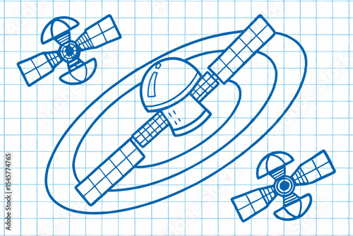 Spacecraft orbiting planet, blueprint style, in blue, for science education