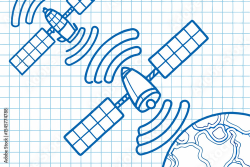 Spacecraft communication, blueprint style, blue lines, for science education