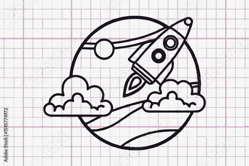 Rocket launching into space, monochrome illustration, for educational materials