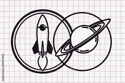 Rocket launching towards Saturn, line art illustration, black and white, for educational resources