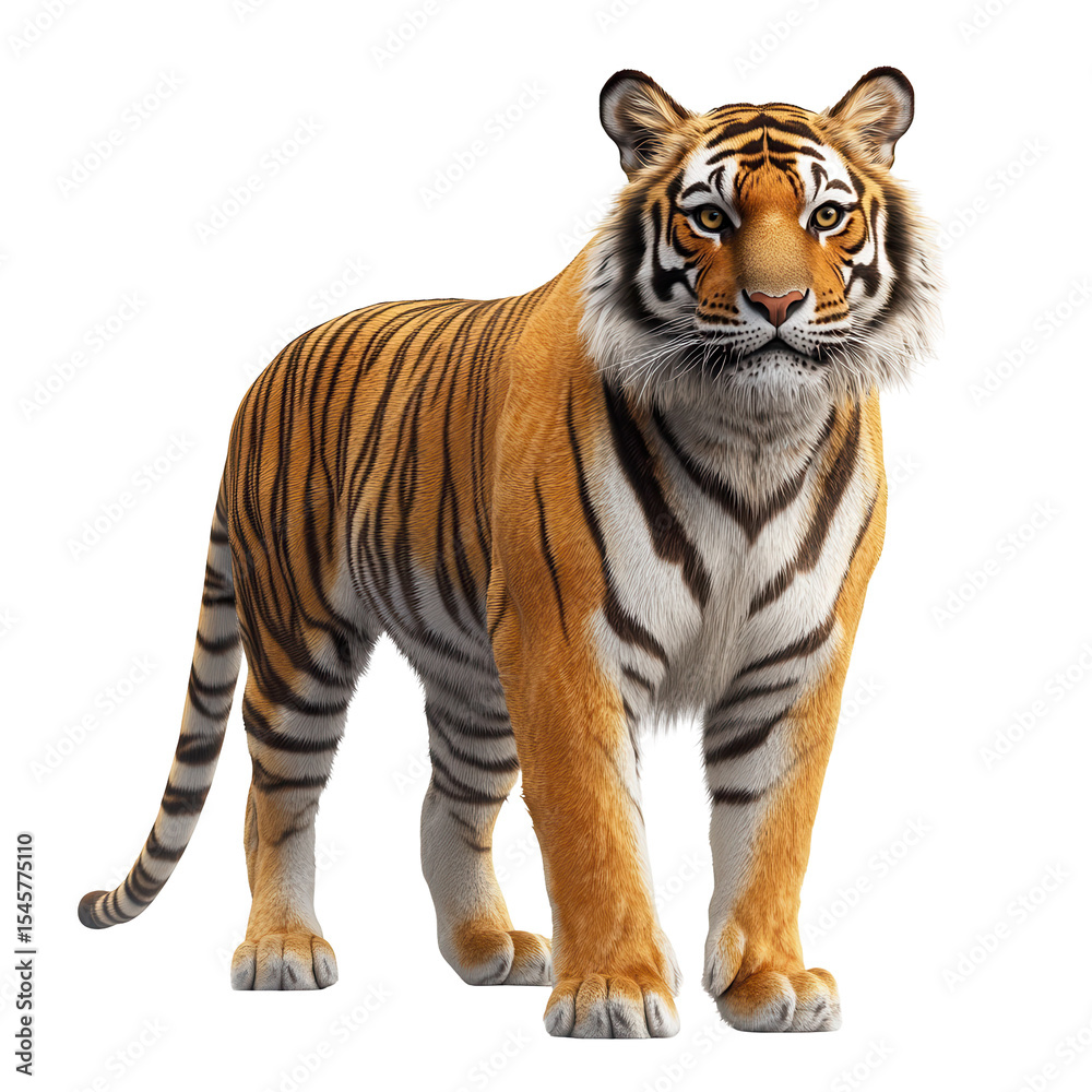 Fototapeta premium Majestic Tiger Standing Black Background Wild Cat Powerful Predator Orange Stripes isolated on a transparent background