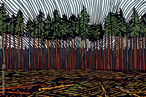 Forest scene in woodcut style, dark green and brown tones, for environmental awareness