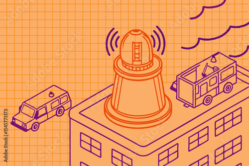 Isometric illustration of observatory on building, emergency vehicles, for space awareness campaign, with copy space