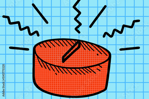 Red cylinder object,  vibrating,  graphic style,  on grid background, for educational resources