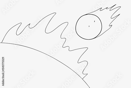 Asteroid approaching planet, line art, monochrome, for science education