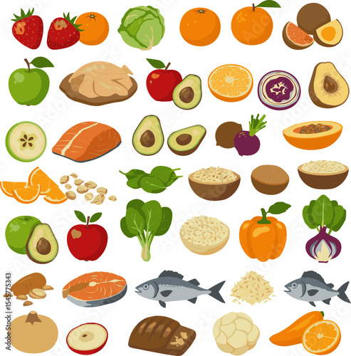 Create a kinds of deferent fruit, food, apple, orange, isolated, collection, vegetable, white, set, vegetables, banana, pear, vector art with white background.